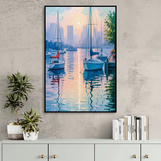 Coal Harbour Morning Light Living Room - Black Canvas Wall Art