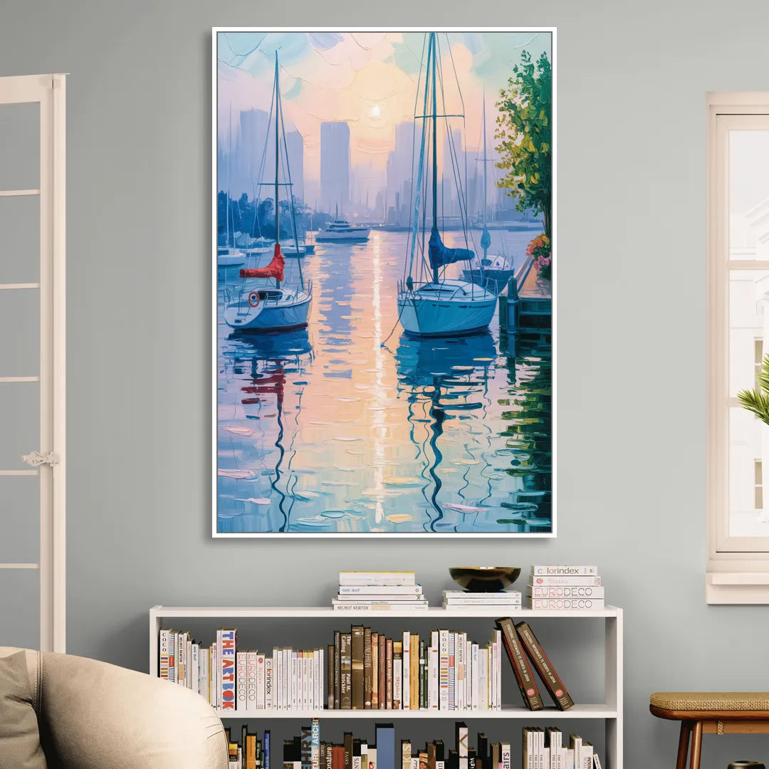 Coal Harbour Morning Light Living Room - White Canvas Wall Art
