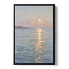 Coastal Art Prints Moon Path Over Calm Sea - Black Framed Canvas Wall Art - Front