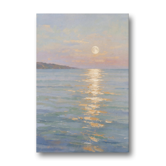 Coastal Art Prints Moon Path Over Calm Sea - Canvas Wall Art - Front