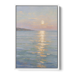 Coastal Art Prints Moon Path Over Calm Sea - White Framed Canvas Wall Art - Front