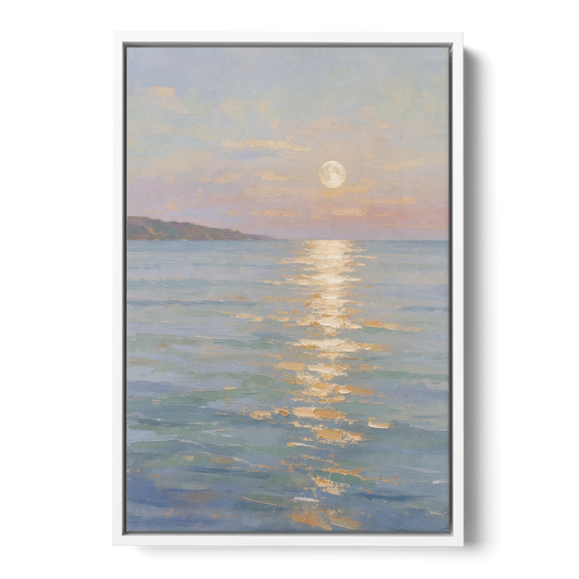 Coastal Art Prints Moon Path Over Calm Sea - White Framed Canvas Wall Art - Front