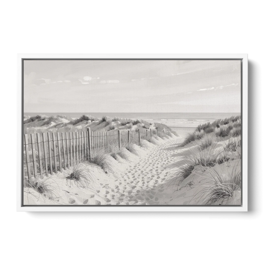 Coastal Black and White Dune Path to the Sea - White Framed Canvas Wall Art - Front
