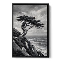 Coastal Black and White Windswept Cypress on the Cliff - Black Framed Canvas Wall Art - Front
