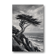 Coastal Black and White Windswept Cypress on the Cliff - Canvas Wall Art - Front