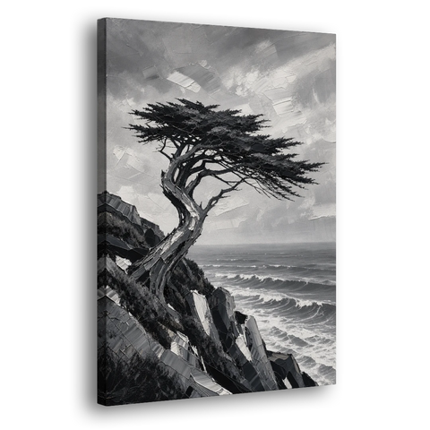 Coastal Black and White Windswept Cypress on the Cliff - Canvas Wall Art - Side