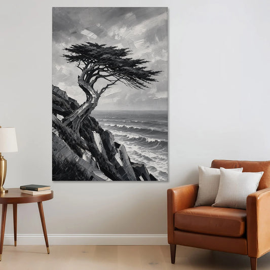Coastal Black and White Windswept Cypress on the Cliff - Canvas Wall Art - Sofa - 40x60