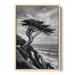 Coastal Black and White Windswept Cypress on the Cliff - Oak Framed Canvas Wall Art - Front