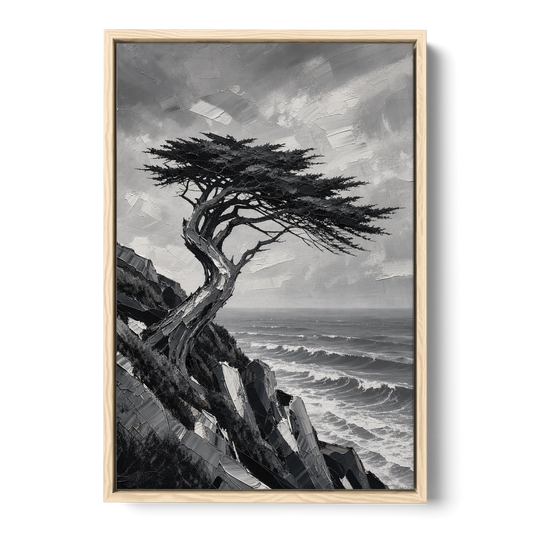 Coastal Black and White Windswept Cypress on the Cliff - Oak Framed Canvas Wall Art - Front