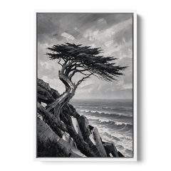 Coastal Black and White Windswept Cypress on the Cliff - White Framed Canvas Wall Art - Front