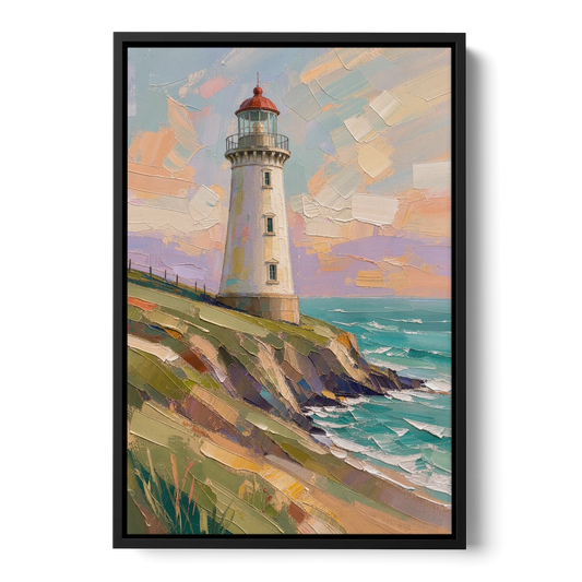 Coastal Lighthouse on a Green Bluff - Black Framed Canvas Wall Art - Front