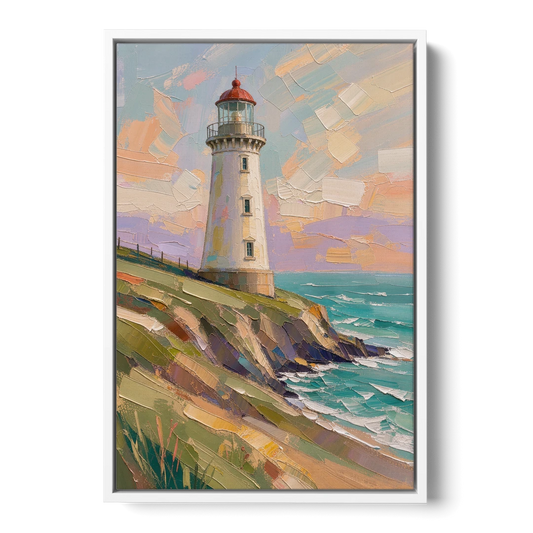 Coastal Lighthouse on a Green Bluff - White Framed Canvas Wall Art - Front