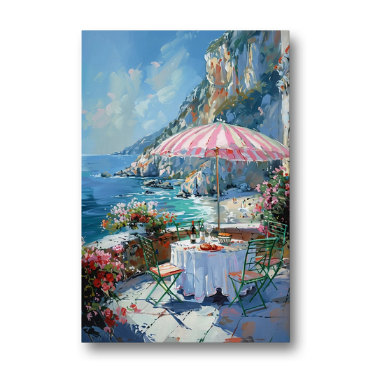 Coastal Painting with a Pink Striped Umbrella - Canvas Wall Art - Front
