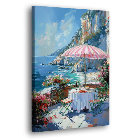 Coastal Painting with a Pink Striped Umbrella - Canvas Wall Art - Side