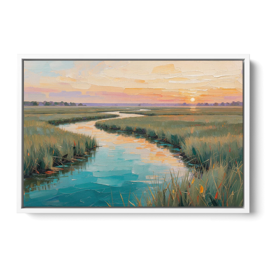 Coastal Salt Marsh at Sunrise for a Big Wall - White Framed Canvas Wall Art - Front