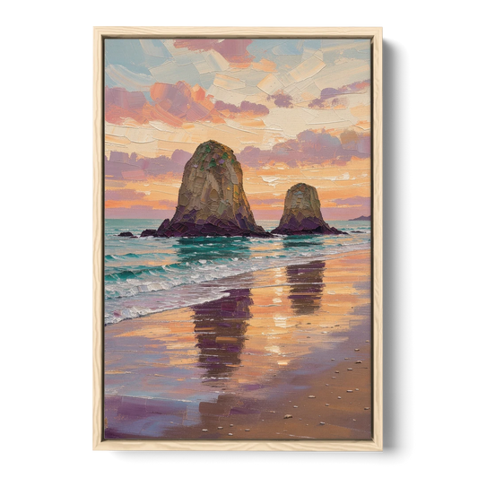 Coastal Sea Stacks at Sunset - Oak Framed Canvas Wall Art - Front