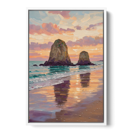 Coastal Sea Stacks at Sunset - White Framed Canvas Wall Art - Front