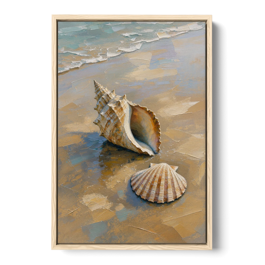 Coastal Seashell Whelk on Wet Sand - Oak Framed Canvas Wall Art - Front