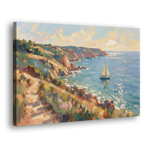 Coastal Wall Art Canvas of Sunlit Cliffs and Sailboat - Canvas Wall Art - Side