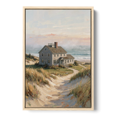 Coastal Wall Art for Living Room with Foggy Saltbox - Oak Framed Canvas Wall Art - Front