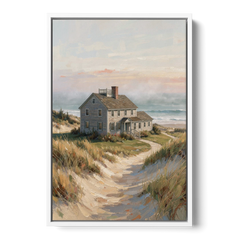 Coastal Wall Art for Living Room with Foggy Saltbox - White Framed Canvas Wall Art - Front