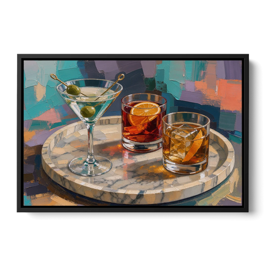 Cocktail Painting on a Marble Tray - Black Framed Canvas Wall Art - Front