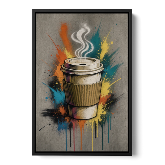 Coffee Art Prints Takeaway Cup in Spray Paint - Black Framed Canvas Wall Art - Front