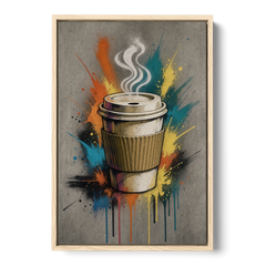 Coffee Art Prints Takeaway Cup in Spray Paint - Oak Framed Canvas Wall Art - Front