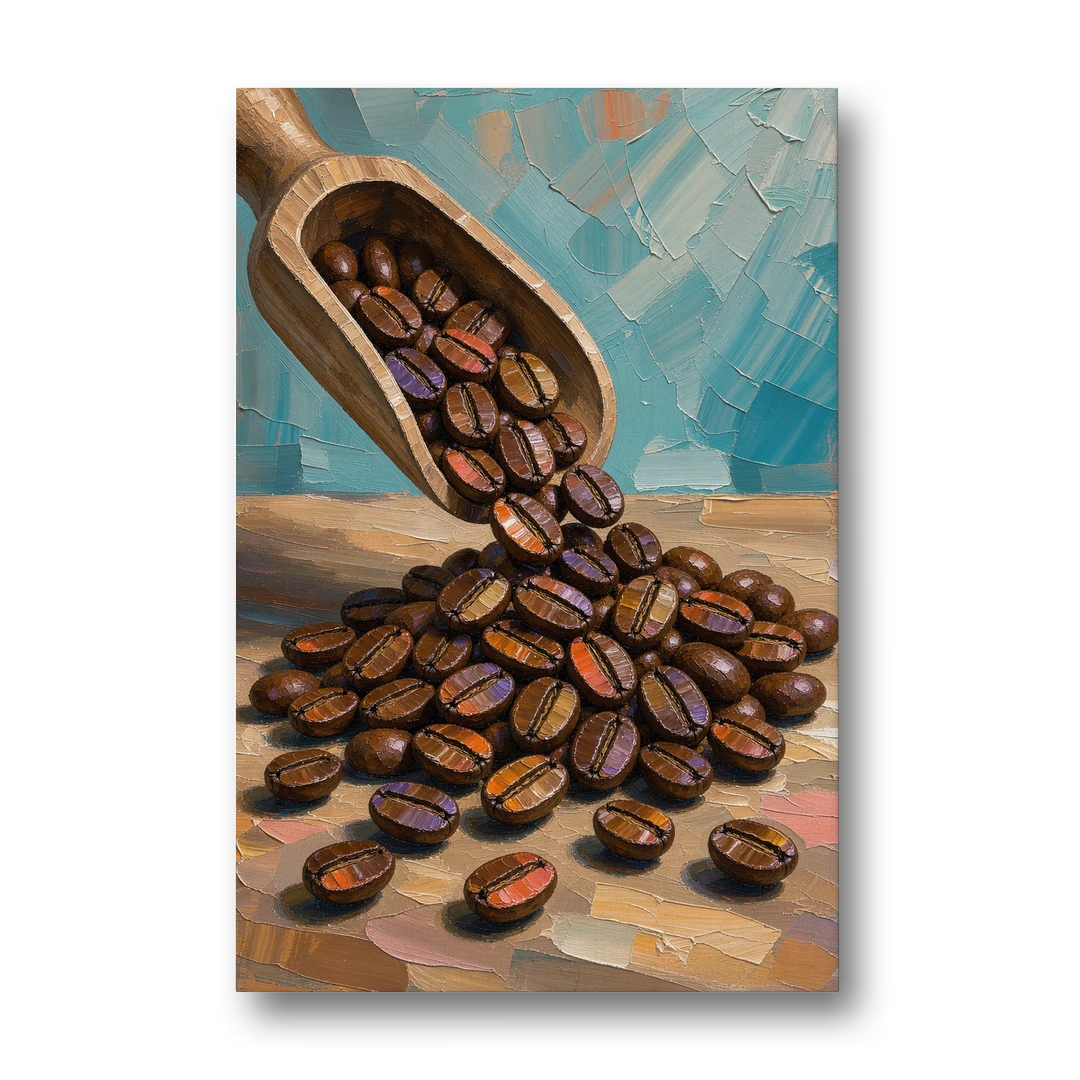 Coffee Beans Spilling From a Wooden Scoop - Canvas Wall Art - Front