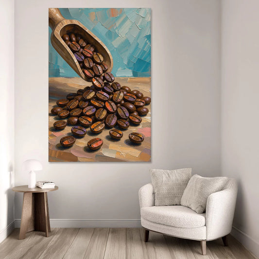 Coffee Beans Spilling From a Wooden Scoop for the Kitchen - Canvas Wall Art - Sofa - 40x60