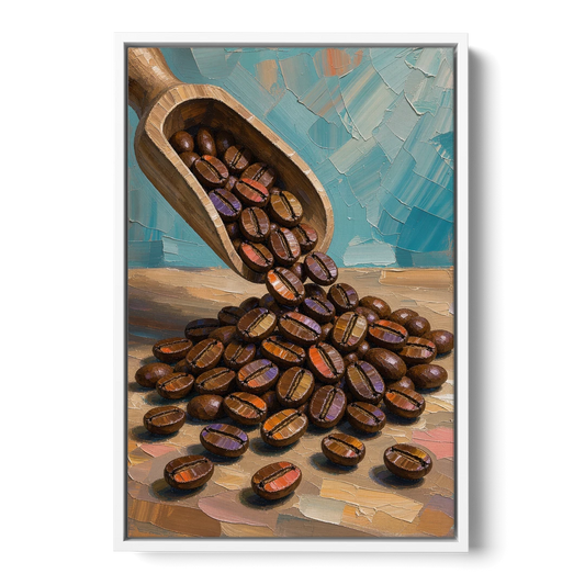 Coffee Beans Spilling From a Wooden Scoop for the Kitchen - White Framed Canvas Wall Art - Front