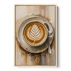 Coffee Cup Canvas Rosetta Latte in Gold - Oak Framed Canvas Wall Art - Front