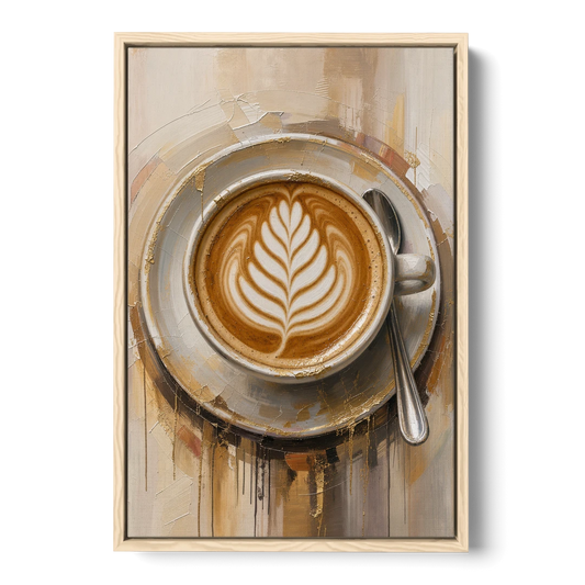 Coffee Cup Canvas Rosetta Latte in Gold - Oak Framed Canvas Wall Art - Front