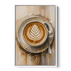 Coffee Cup Canvas Rosetta Latte in Gold - White Framed Canvas Wall Art - Front