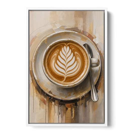 Coffee Cup Canvas Rosetta Latte in Gold - White Framed Canvas Wall Art - Front