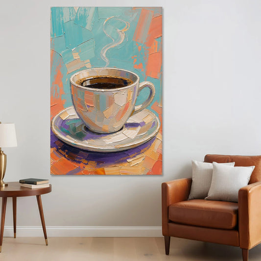 Coffee Cup Painting in Palette Knife Pastels - Canvas Wall Art - Sofa - 40x60
