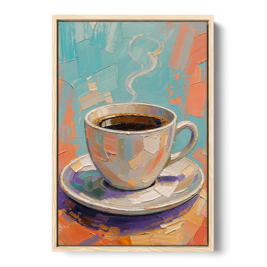 Coffee Cup Painting in Palette Knife Pastels - Oak Framed Canvas Wall Art - Front