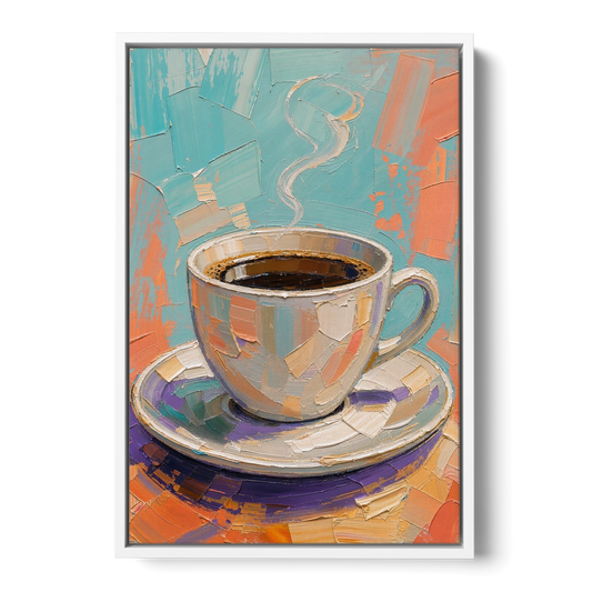 Coffee Cup Painting in Palette Knife Pastels - White Framed Canvas Wall Art - Front