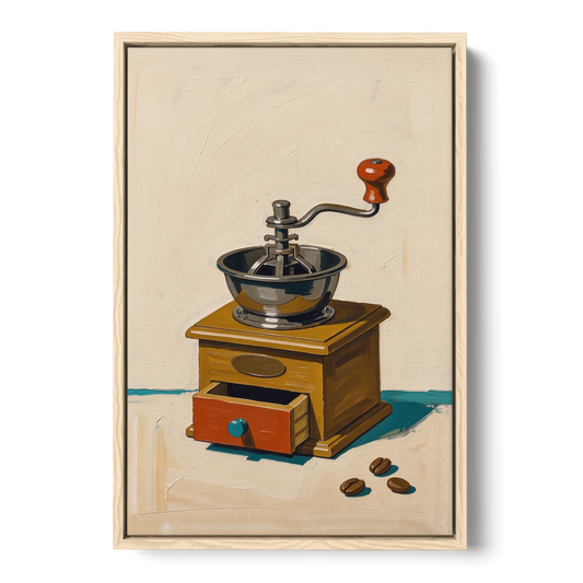 Coffee Nook Decor with a Wooden Hand Crank Grinder - Oak Framed Canvas Wall Art - Front