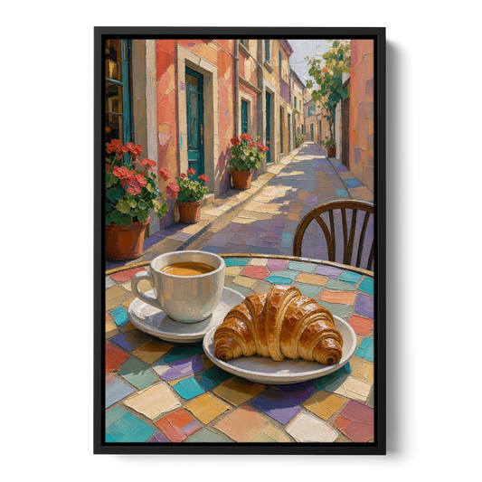 Coffee Oil Painting With Croissant on Mosaic Table - Black Framed Canvas Wall Art - Front