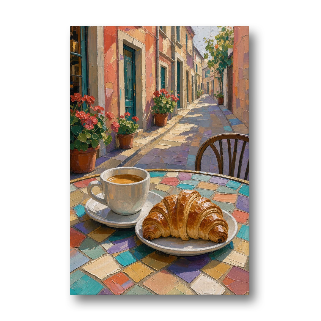 Coffee Oil Painting With Croissant on Mosaic Table - Canvas Wall Art - Front