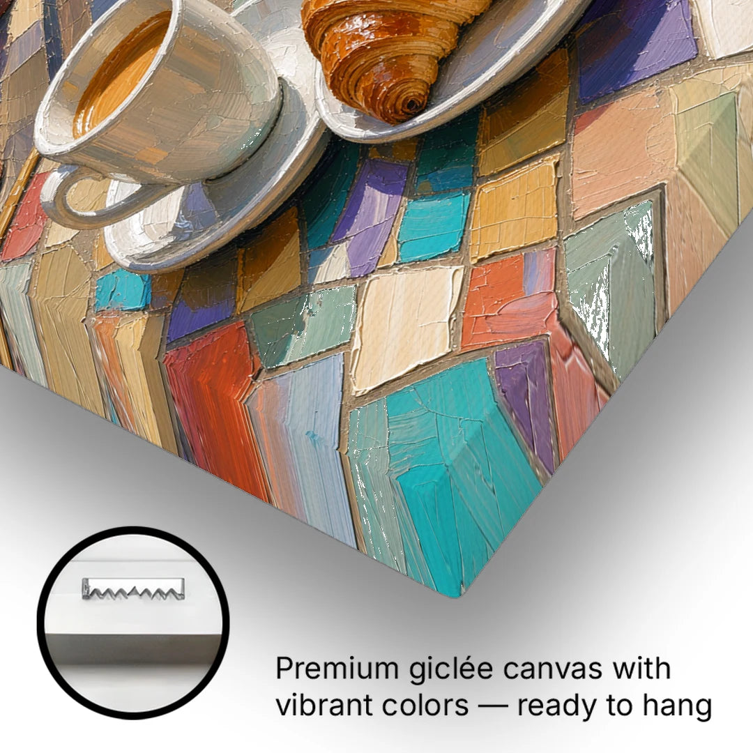 Coffee Oil Painting With Croissant on Mosaic Table - Canvas Wall Art - Gallery Wrap Corner