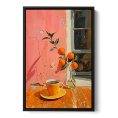 Coffee Painting with an Orange Sprig - Black Framed Canvas Wall Art - Front