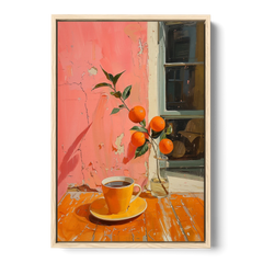 Coffee Painting with an Orange Sprig - Oak Framed Canvas Wall Art - Front