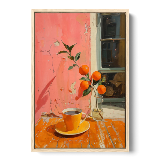 Coffee Painting with an Orange Sprig - Oak Framed Canvas Wall Art - Front