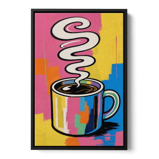 Coffee Pop Art Steaming Mug for the Kitchen - Black Framed Canvas Wall Art - Front