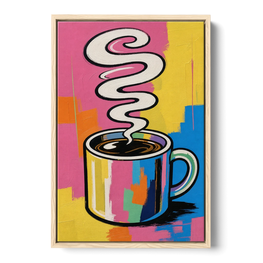 Coffee Pop Art Steaming Mug for the Kitchen - Oak Framed Canvas Wall Art - Front