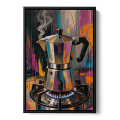 Coffee Pot Painting on the Blue Flame - Black Framed Canvas Wall Art - Front