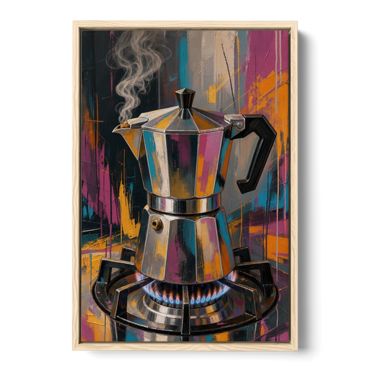 Coffee Pot Painting on the Blue Flame - Oak Framed Canvas Wall Art - Front