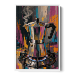 Coffee Pot Painting on the Blue Flame - White Framed Canvas Wall Art - Front